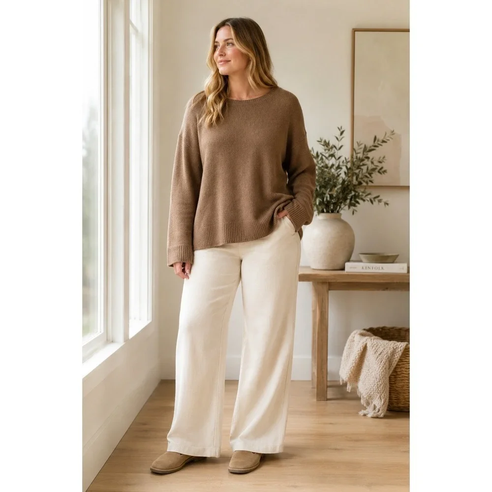 Jenni Kayne Everyday Sweater XL Brown Wool Cashmere Blend Oversized Crew Neck